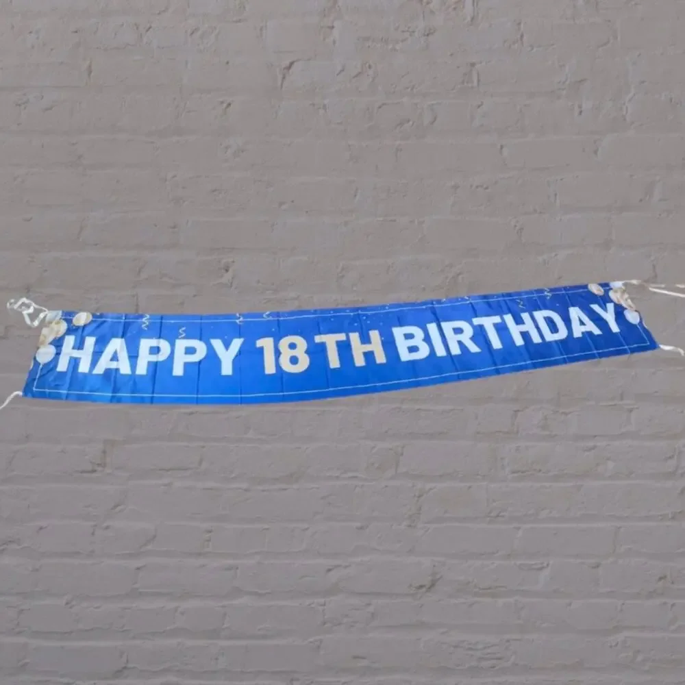 Happy 18th Birthday Banner Blue Gold Wall Flag Ribbon Party Backdrop 9.5ft Sign